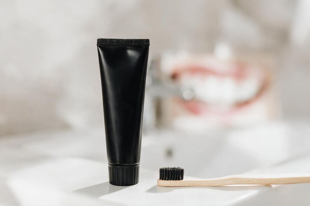 Dentifrice au charbon actif, tube noir et brosse à dents, tendance blanchiment dentaire