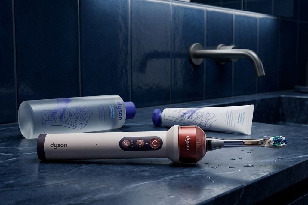 Brosse à dents Dyson CameraJet sur un plan de salle de bain