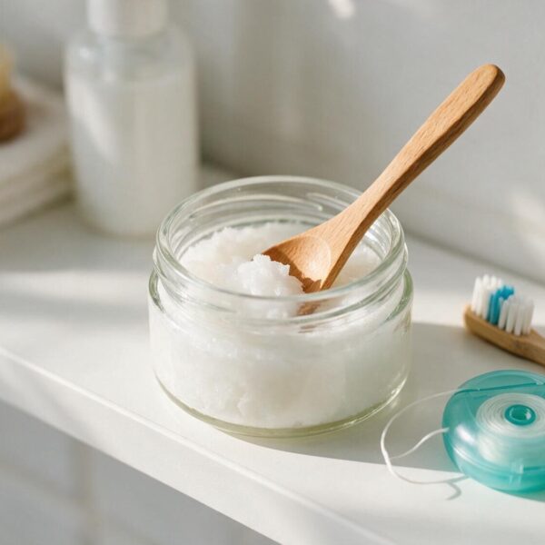 Oil pulling : pot d'huile de coco à côté d'une brosse à dents et de fil dentaire